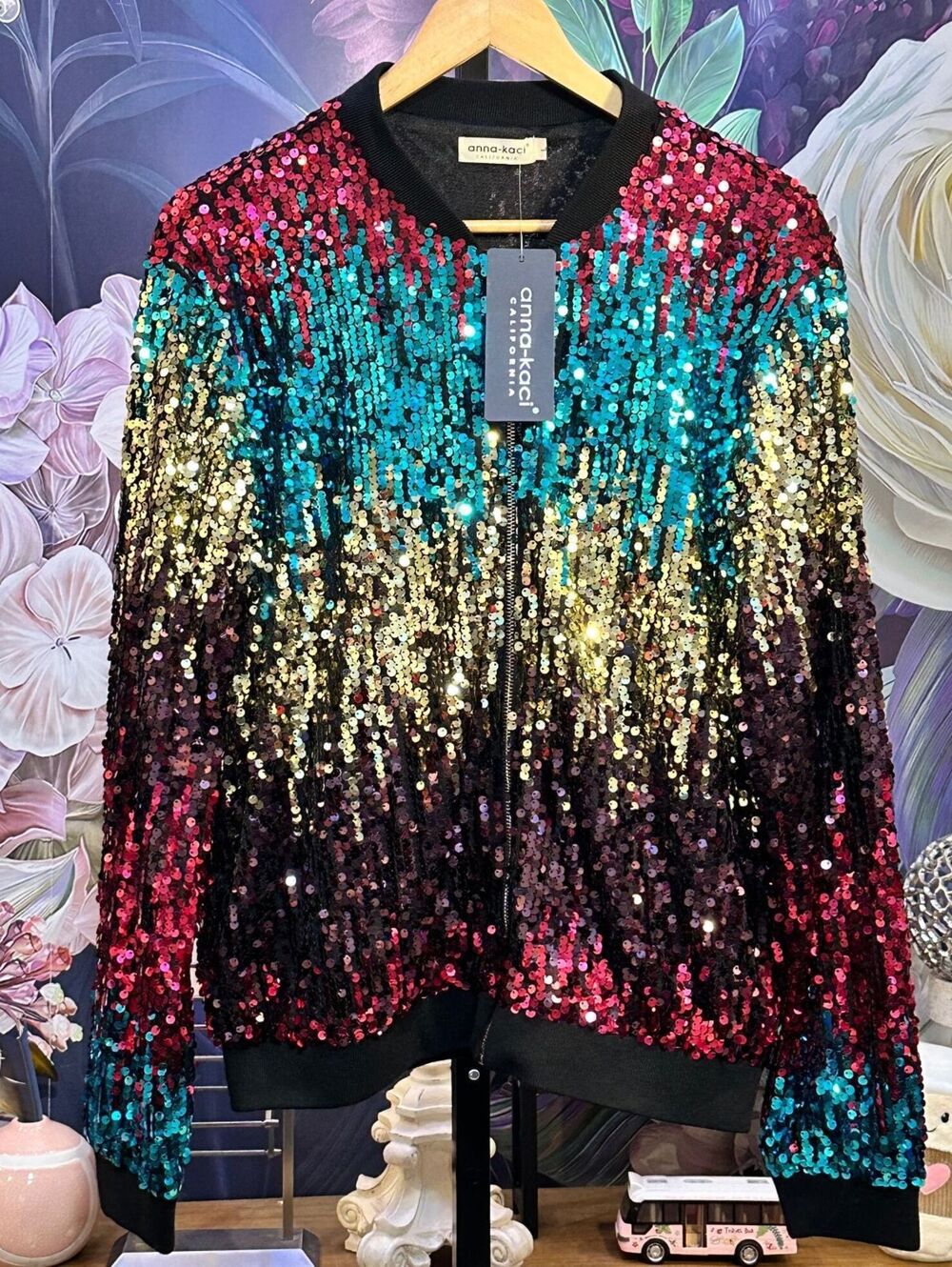 Anna-Kaci L Multicolor NWT Sequin Bomber Party Jacket Full Zip Ombre McBling Y2K